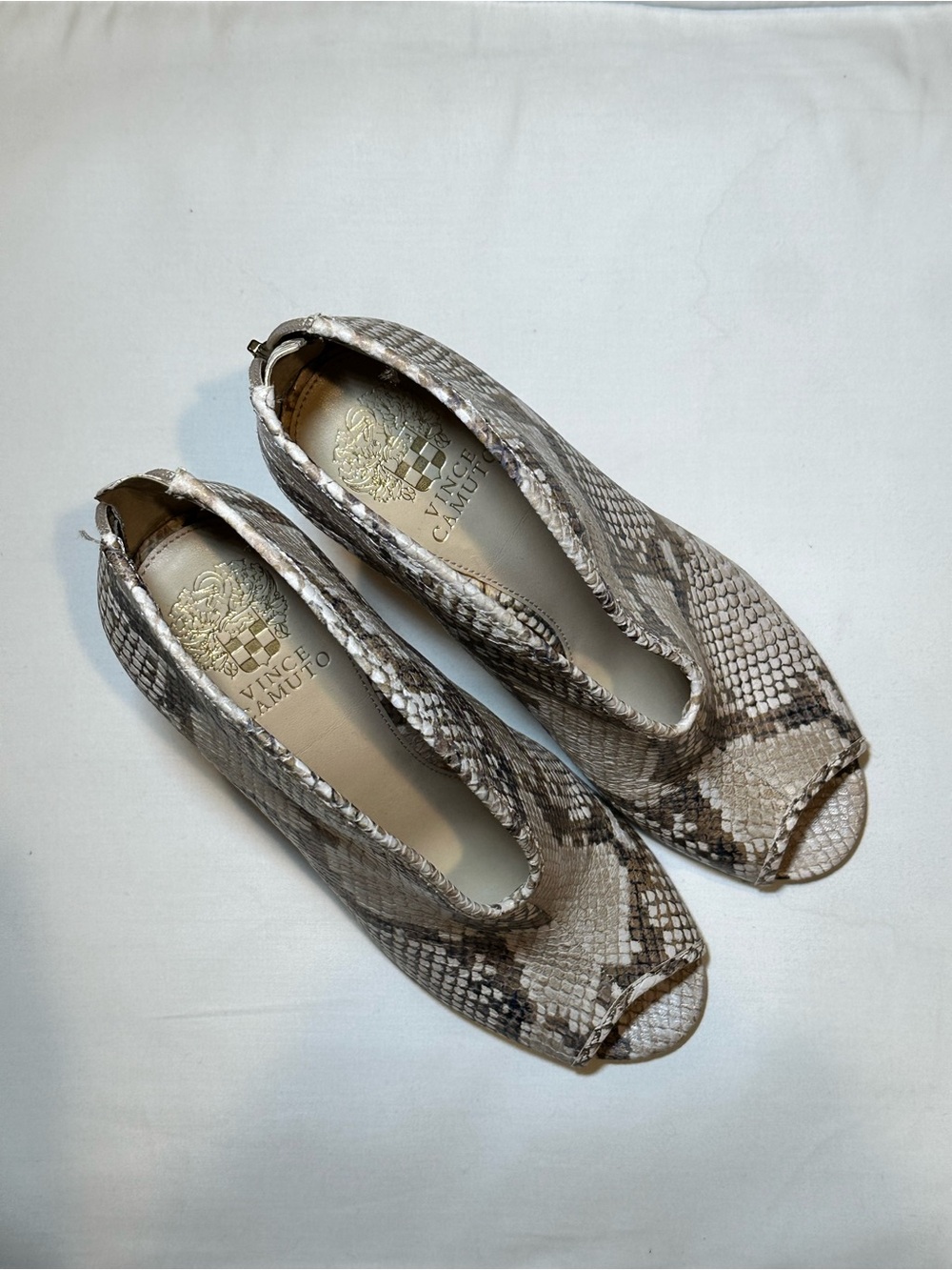 Vince Camuto Beige and Taupe Snake-Print Peep Toe Heeled Booties